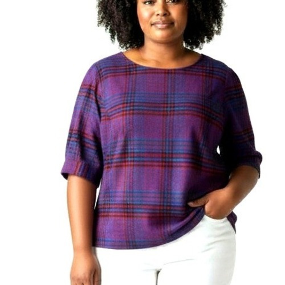 Eloquii Plaid Blouse‎ Women 18 Purple Blue Red Pleated Elbow Sleeve Scoop Neck